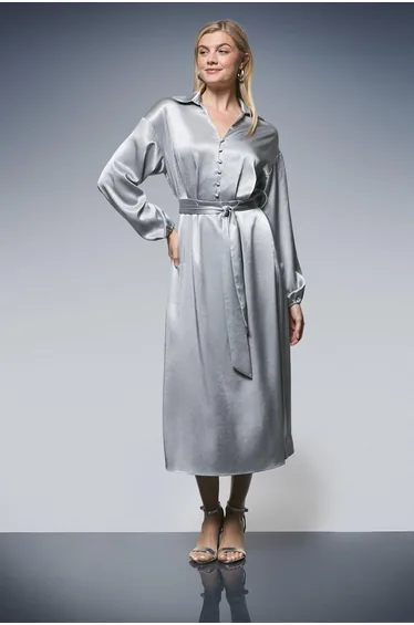 Silver Wrap Tie Waist Satin Shirt Dress