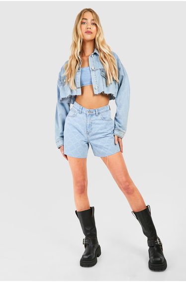 Raw Hem Laser Cut Denim Shorts - light blue