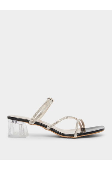 Black Rhinestone Block Heel Sandals