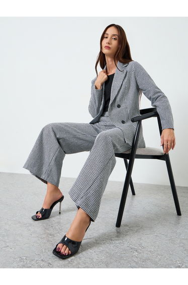 Women Checked Lapel Blazer and Wide Leg Pants Co-Ords