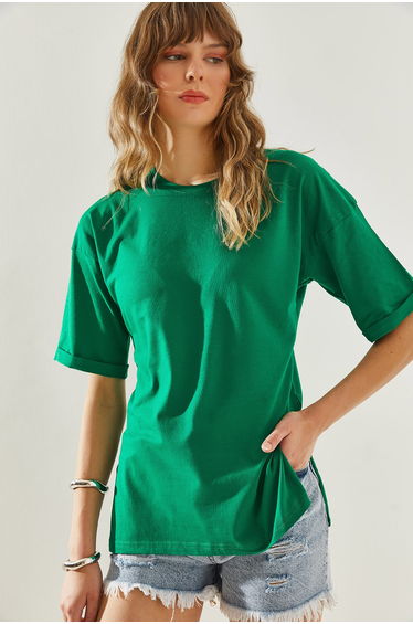 Women's Side Slit Sleeve Folding Detailed Crew Neck Short Sleeve Basic T-Shirt
