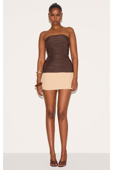 Chocolate Double Layer Slinky Ruched Bandeau Longline Top