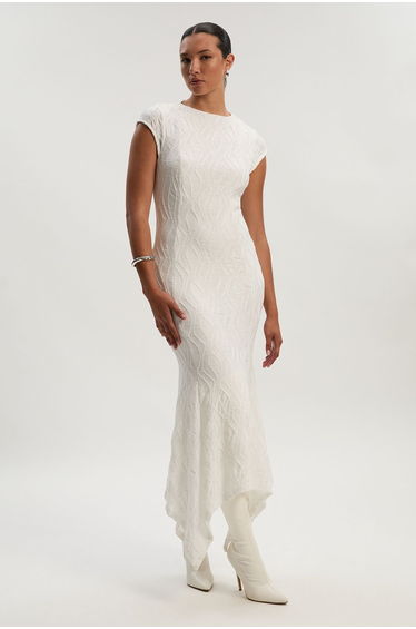 Textured Hanky Hem Short Sleeve Trim Detail Jersey Maxi Dress