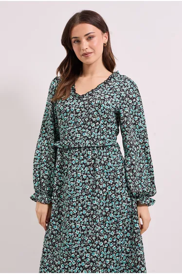 Frill Neck Blouson Sleeve Midi Dress