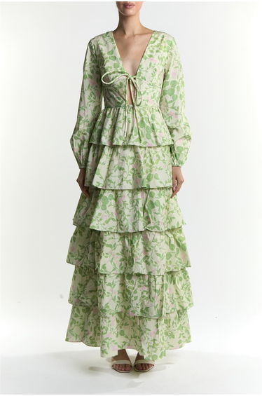 Green Vine Floral Samira Long Sleeve Tiered Maxi-Dress