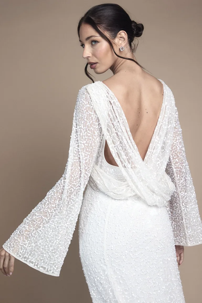 cowl back long sleeve wedding dress Cowl Back Wedding Dress With Sleeves, Simple Long Sleeve Backless Beach Wedding Dress, White Maxi Dress With Buttons, Tight Wedding Dress