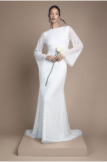 Long Sleeve Flare Sleeve Cowl Back Sequin Wedding Dress