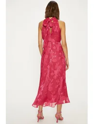 Floral Satin Burnout Halter Midi Dress - 2