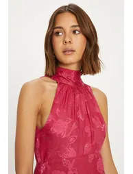 Floral Satin Burnout Halter Midi Dress - 1