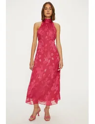 Floral Satin Burnout Halter Midi Dress