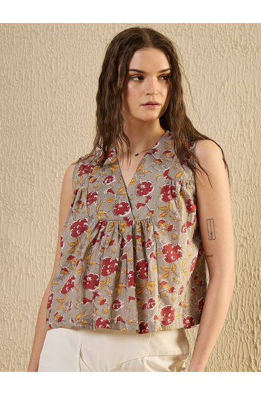 Floral Print V Neck Sleeveless Top with Gathered Detail