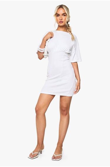 Rib Ruched T-Shirt Dress - white