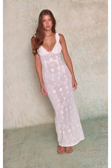 Cream Flower Textured V Neck Maxi Dress