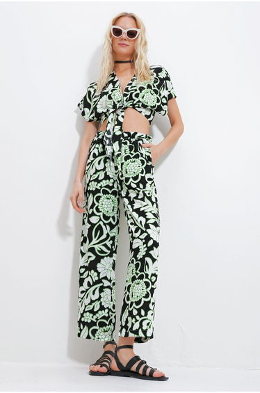 Women's Green Patterned Tie Crop Blouse And Pocket Trousers Bottom Top Woven Suit