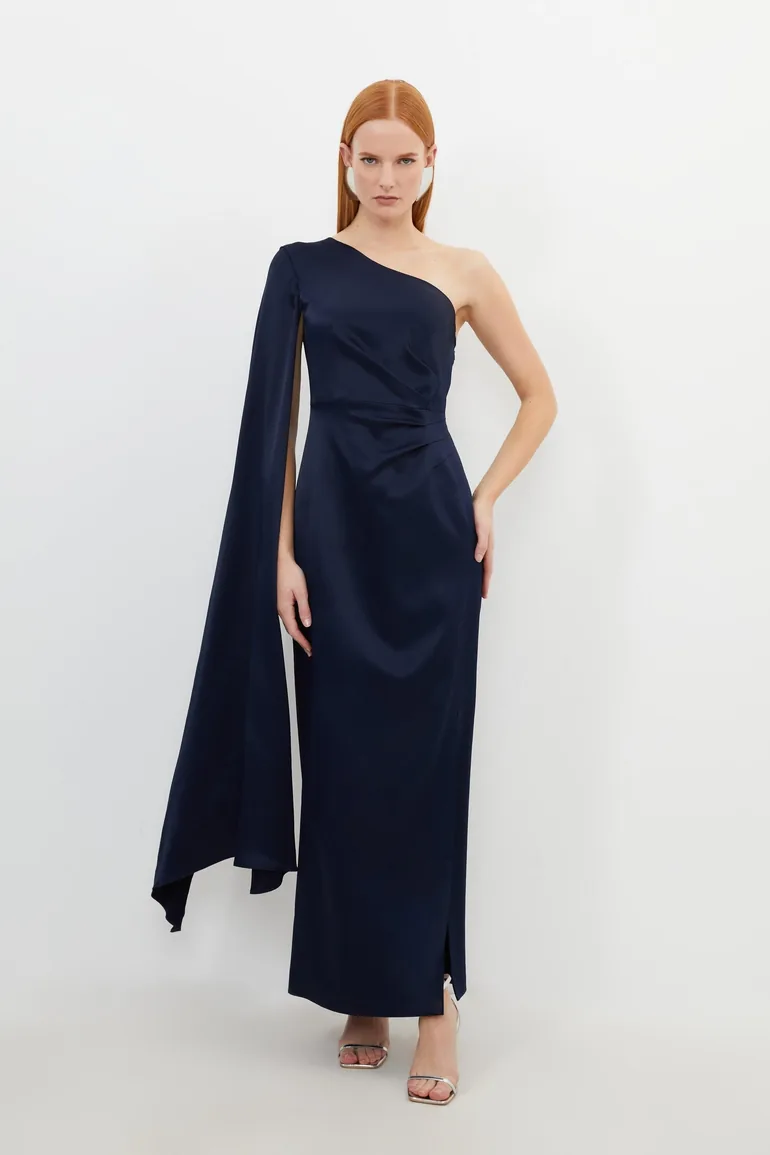 Tailored Satin Back Crepe Drape One Shoulder Maxi Dress