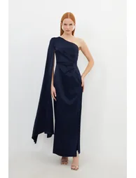 Tailored Satin Back Crepe Drape One Shoulder Maxi Dress