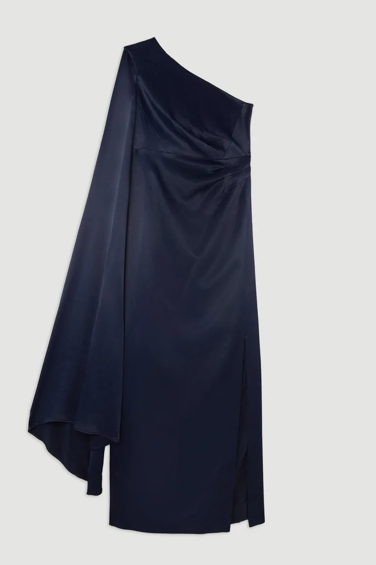 Tailored Satin Back Crepe Drape One Shoulder Maxi Dress - 3