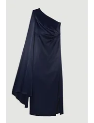 Tailored Satin Back Crepe Drape One Shoulder Maxi Dress - 3