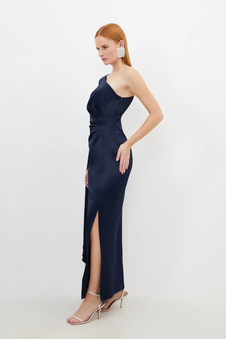 Tailored Satin Back Crepe Drape One Shoulder Maxi Dress - 2