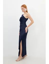 Tailored Satin Back Crepe Drape One Shoulder Maxi Dress - 2
