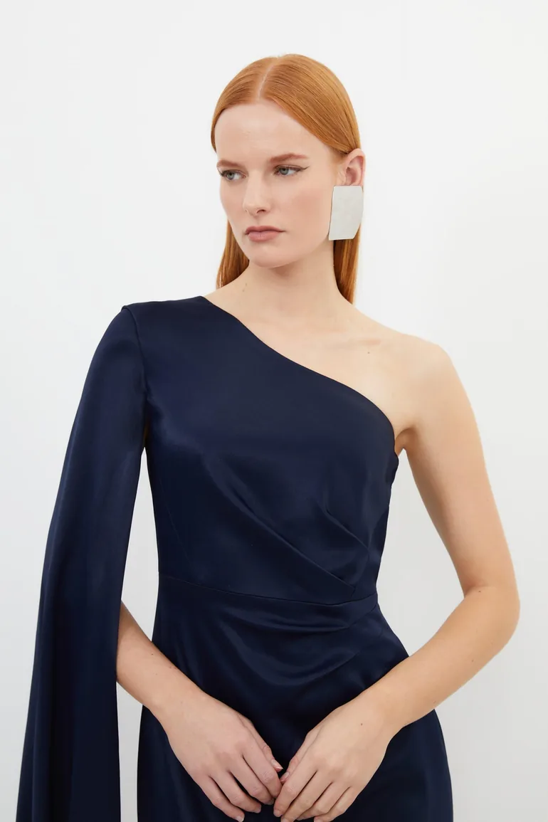 Tailored Satin Back Crepe Drape One Shoulder Maxi Dress - 1