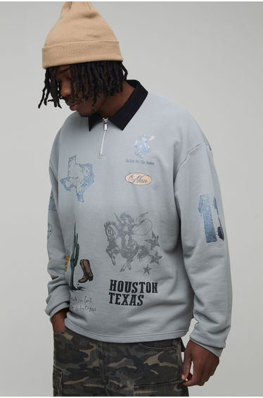 Oversized Western Printed Badged Rugby Sweatshirt - grey