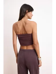 Burgundy Pink Strapless Shirred Stretchy Knitted Blouse - 3