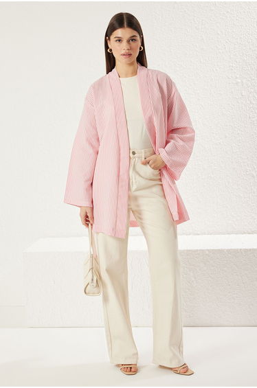 Pink Belted Woven Seersucker Striped Kimono & Kaftan