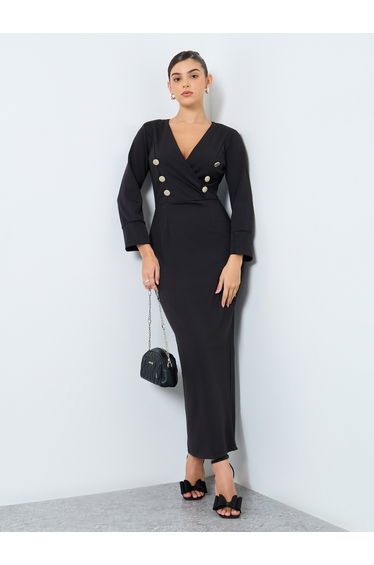 Black Maxi Blazer Dress with Button Detail