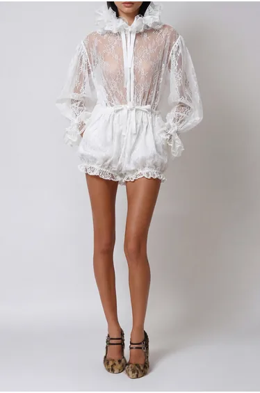 Davon Balloon Sleeve Lace Playsuit In White