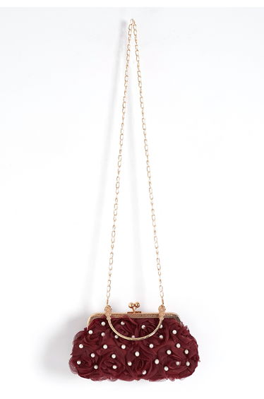 3D Mesh Rose Pearl Kisslock Clutch in Red