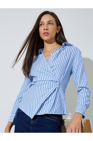 Light Blue Striped Wrap Top with Open Collar