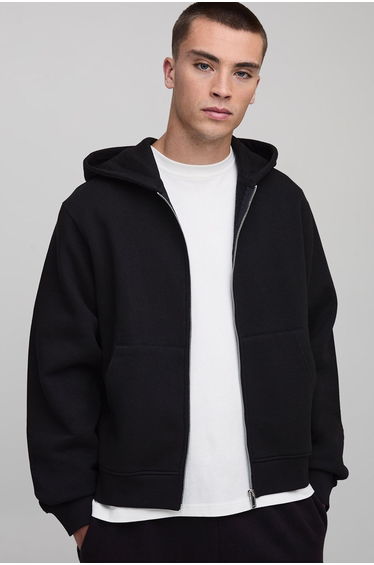 Basic Boxy Zip Through Hoodie - black