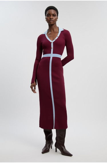 Knit Rib With Contrast Waist Detail Collared Midi Dress