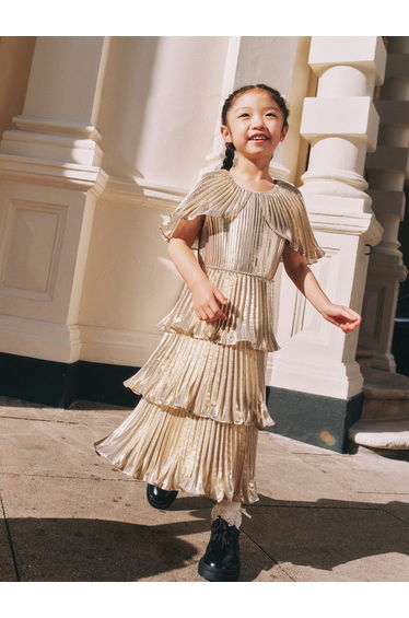 Self Portrait Girls Metallic Tiered Dress in Gold