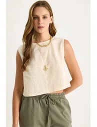 LUCCI Linen Blend Cropped Crew Neck Blouse - 2