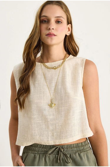 LUCCI Linen Blend Cropped Crew Neck Blouse