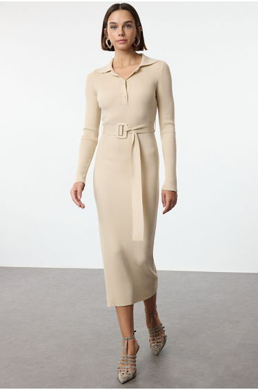 Beige Maxi Belted Knit Dress