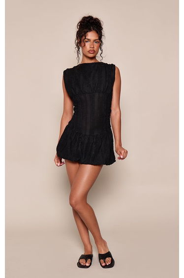 Black Textured Ruffle Boat Neck Shift Mini Dress