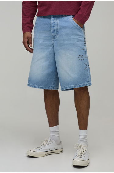 Baggy Rigid Embellished Distressed Pocket Denim Shorts - washed light blue