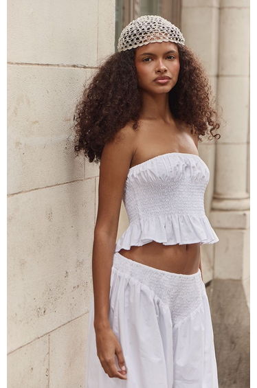 White Bandeau Poplin Shirred Top Co-ord