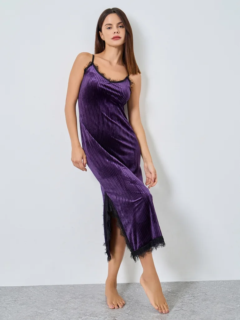 Stripe Textured Velvet Lace Trim Slip Dress Styli Purple : Lingerie :  VogaCloset Oman