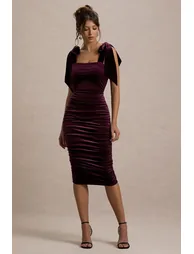 Tarna | Port Velvet Midi Dress With Bow Straps - 4