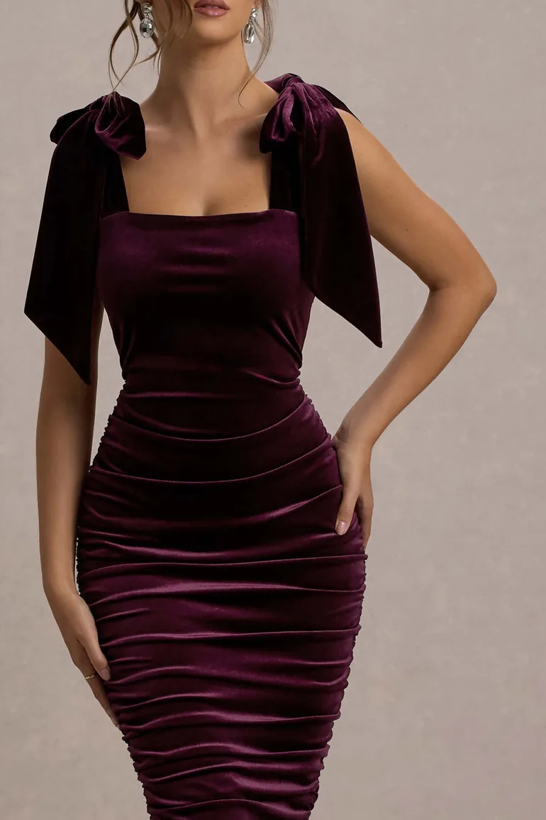 Tarna | Port Velvet Midi Dress With Bow Straps - 3