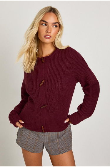 Toggle Button High Neck Knit Cardigan - burgundy