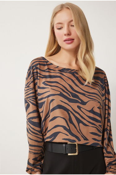 Women's Black Beige Zebra Patterned Suede Blouse