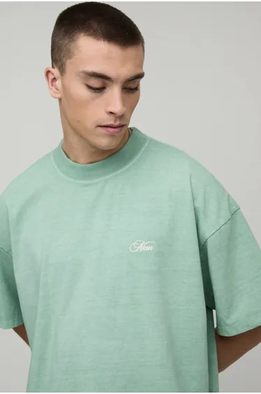 Washed Sage Oversized Heavyweight Palm Print Extended Neck T-Shirt - sage