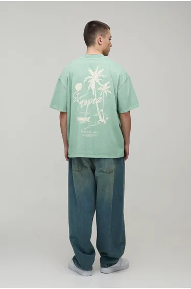 Washed Sage Oversized Heavyweight Palm Print Extended Neck T-Shirt - sage