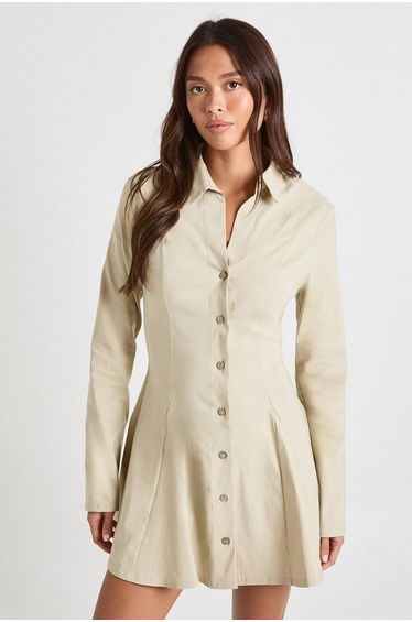 Bengaline Cinched Waist Shirt Dress - stone