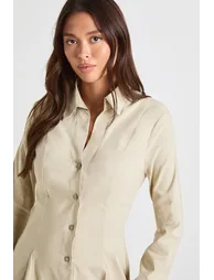 Bengaline Cinched Waist Shirt Dress - stone - 3